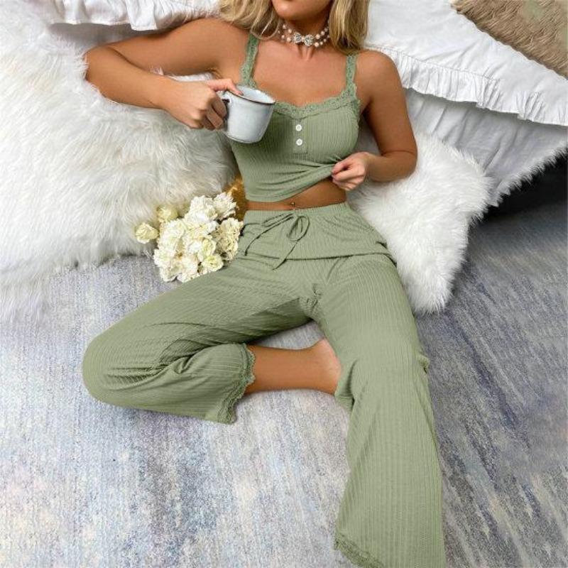 2 Pcs/Set Pants Top Suit Low-cut V Neck Sleeveless Solid Color Shirring Drawstring High Elastic Waist Lace Women Summer Pajamas Set Homewear CLE