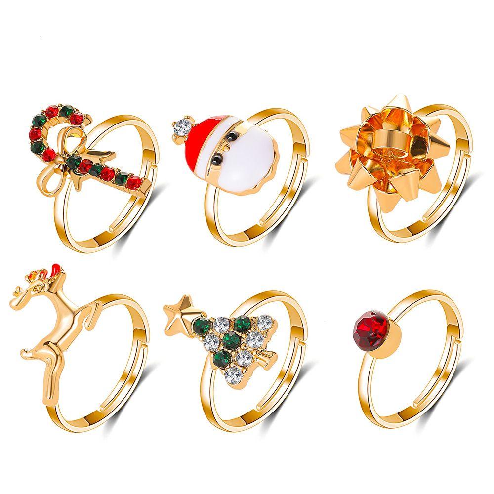 

6pcs Women Santa Claus Deer Adjustable Size Holiday Gifts Rings Christmas Ring