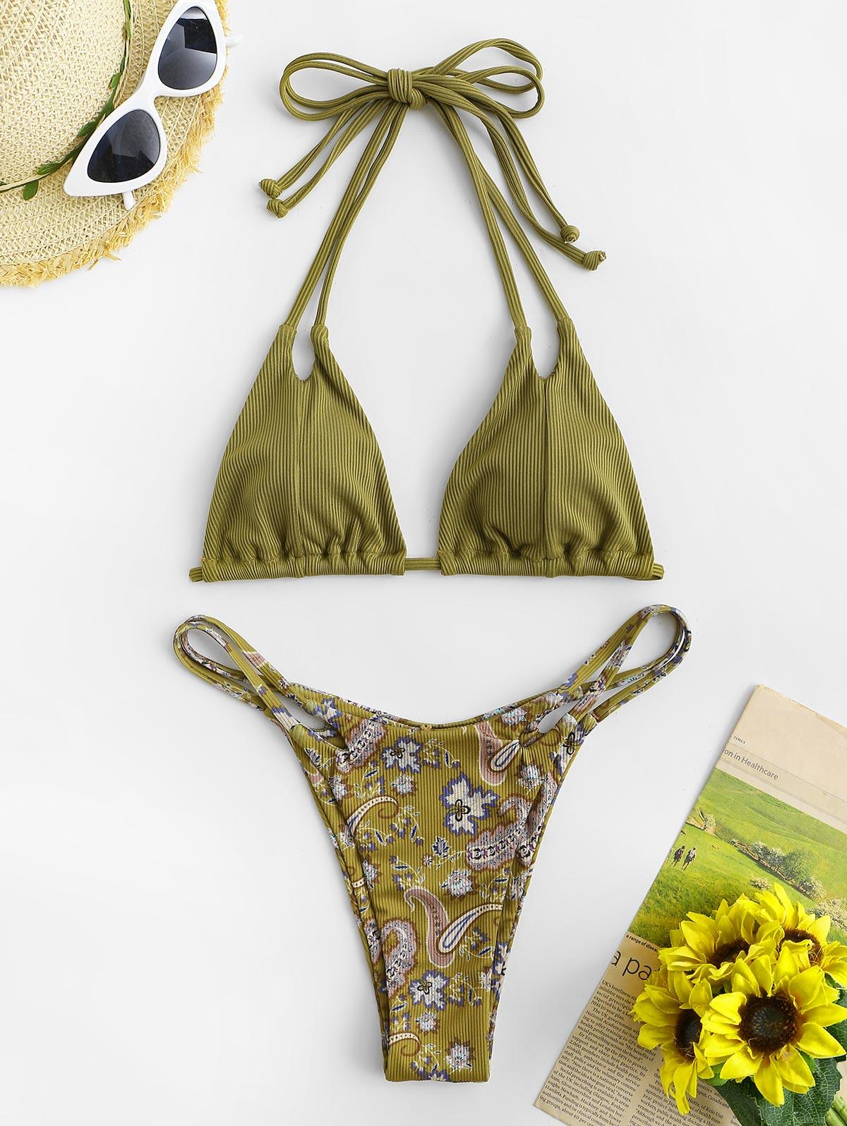 

Купальники бикини ZAFUL с ребристым узором в виде цветка пейсли и бретелькой через шею L