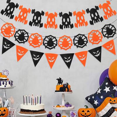 New Halloween Flag Banners Pulling Non-woven Black Orange Flag KTV Bar Party Decoration Skull Spider Pendant Latte Flower