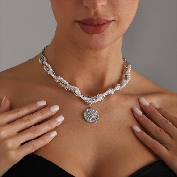 Celestials Inspired Layer Chain Necklace With Crystals Accent Imitation Pearls Clasp Adjustable Length