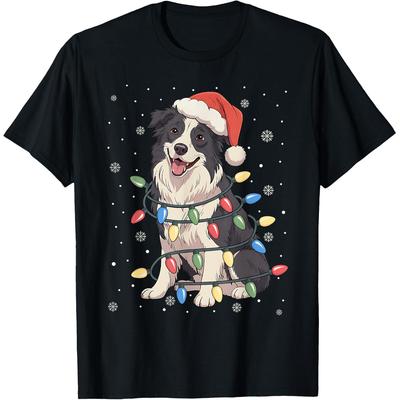 Border Collie Dog Tree Lights Christmas Pet Dogs Funny Xmas T Shirts Unisex Humor Streetwear Tee Short Sleeve Loose Clothing