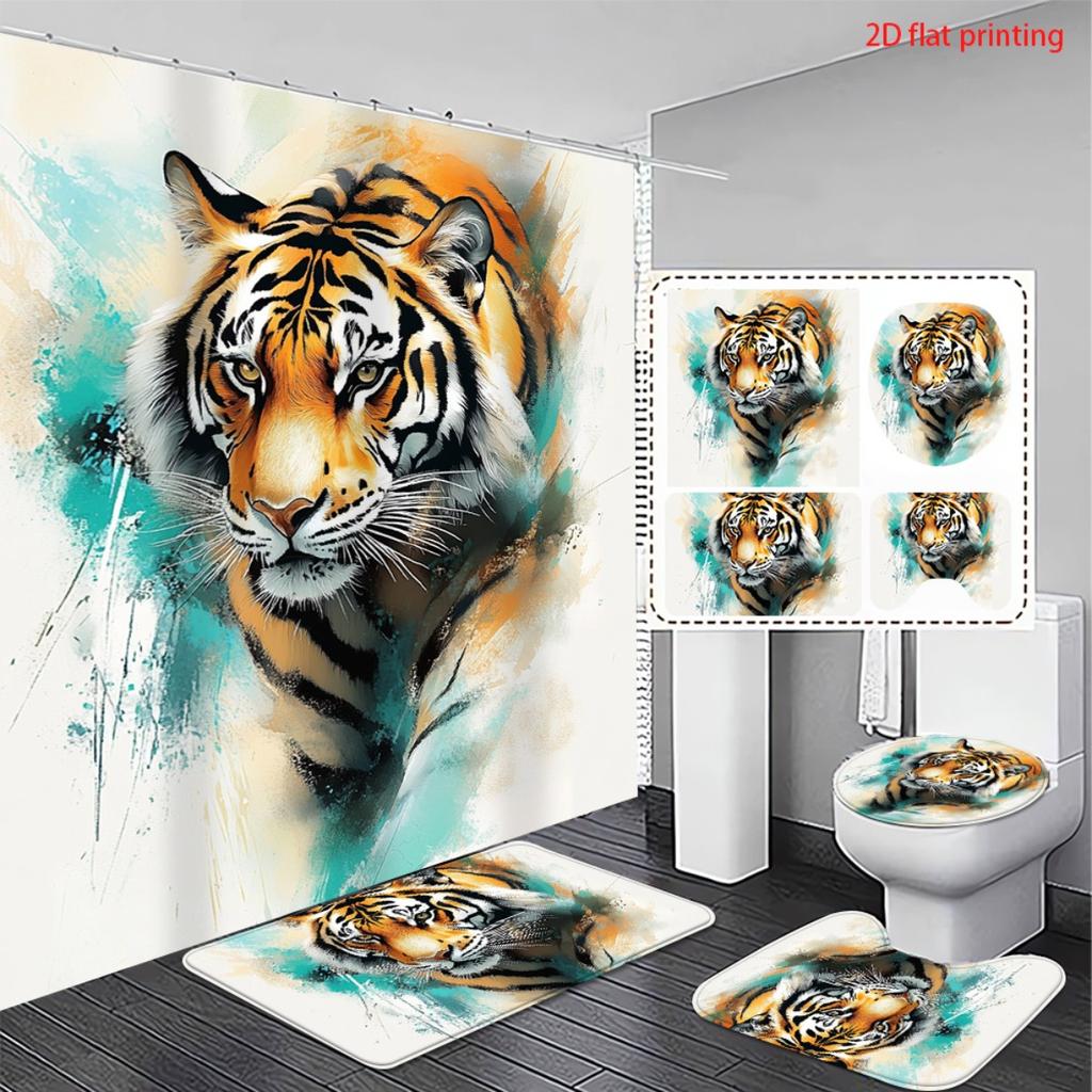 4Pcs Shower Curtain Set with Non-Slip Bath Mat, Toilet Lid Cover, Contour Rug & 12 Hooks, Bathroom Decor