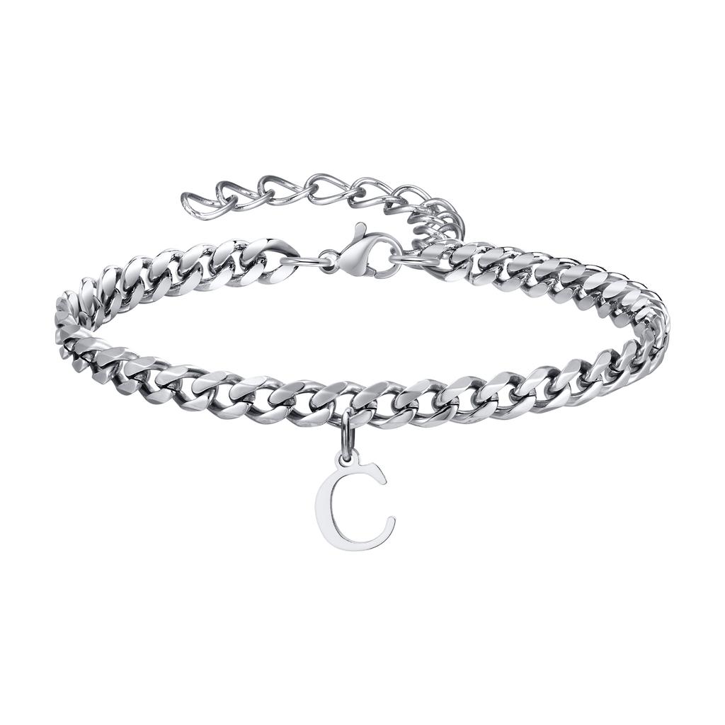 Mens Initials Cuban Links Bracelets,Stainless Steel A-Z 26 Letters Alphabet Charm Chain Wristband Adjustable,Casual Jewelry Gift