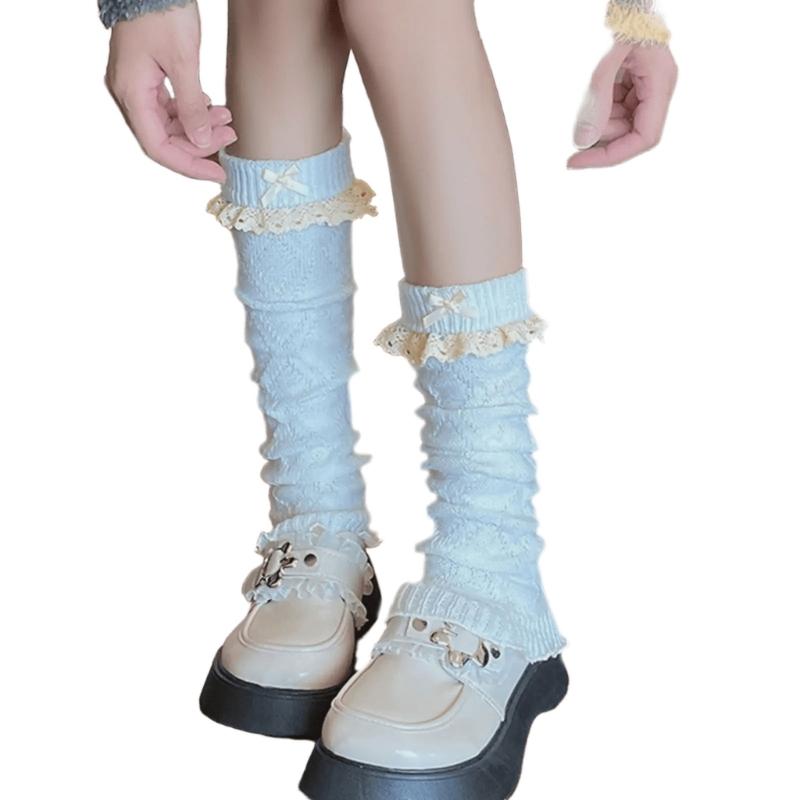 Women Fairycore Knitted Leg Warmers Calf Socks Japanese Sweet Bowknot Ruffled Lace Trim Leg Covers Boot Cuffs Stockings