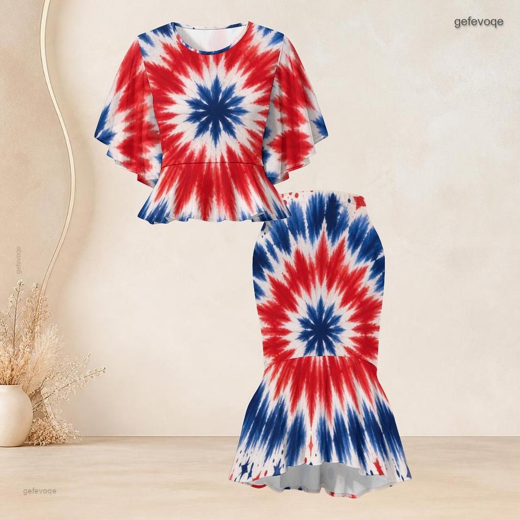 Women Plus Size Two Piece Set Round Neck Batwing Sleeve Ruffle Hem Top Red Blue Beige Printed Fishtail Skirt