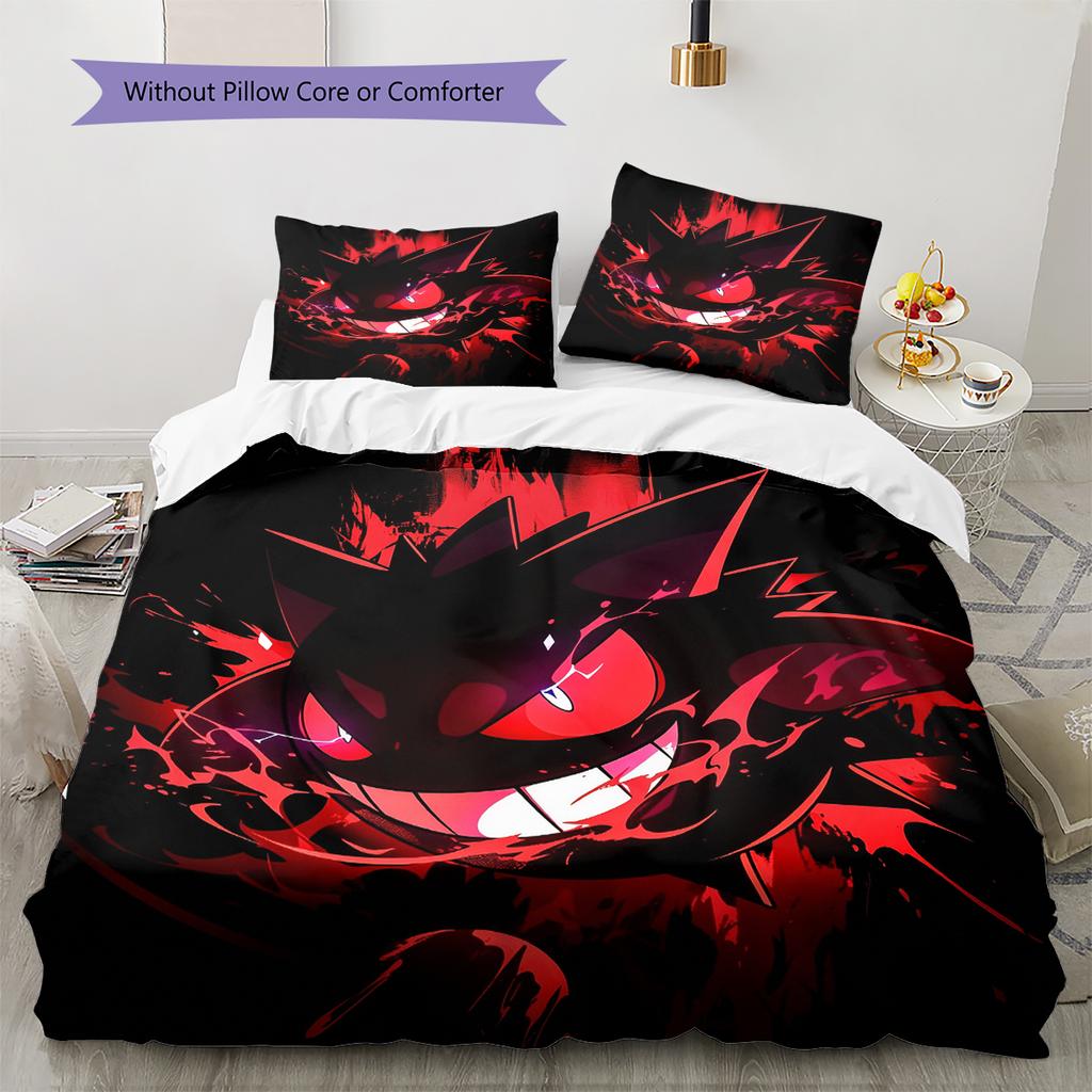 Pościel z wzorem Gengar Pokémon Dekoracja domu Prezent urodzinowy (1 * poszwa na kołdrę + 2 * poszewki na poduszki, bez rdzenia)