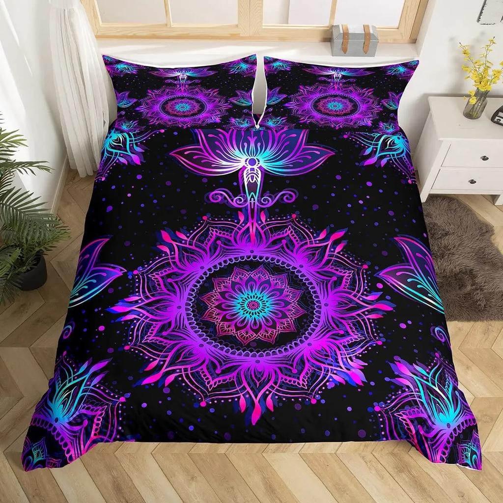 Lotus Duvet Cover Trippy Dreamy Mandala Bedding Set,Boho Floral Comforter Cover Exotic Tribal Damask Flowers Bed Set Twin Queen