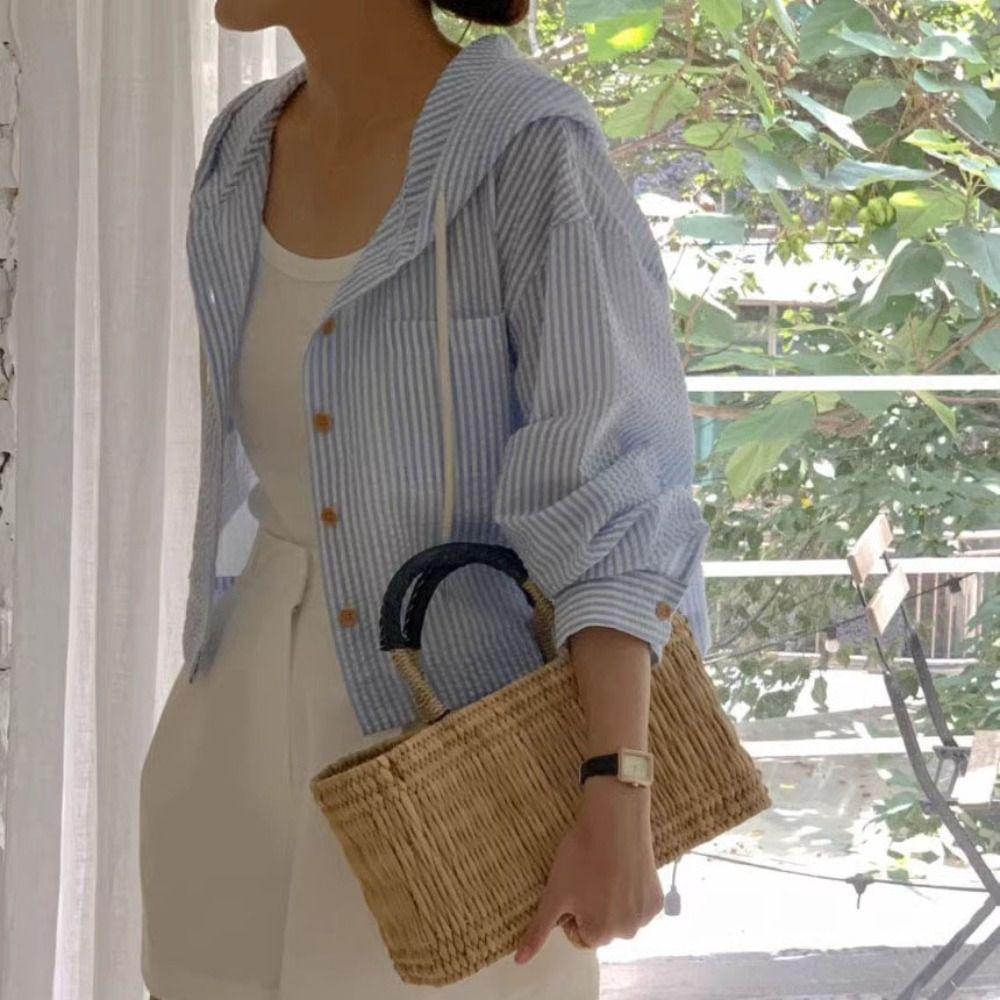 Sunscreen Long Sleeved Shirt Retro Sweatshirts for Women All-match Striped Hooded Shirt Spring