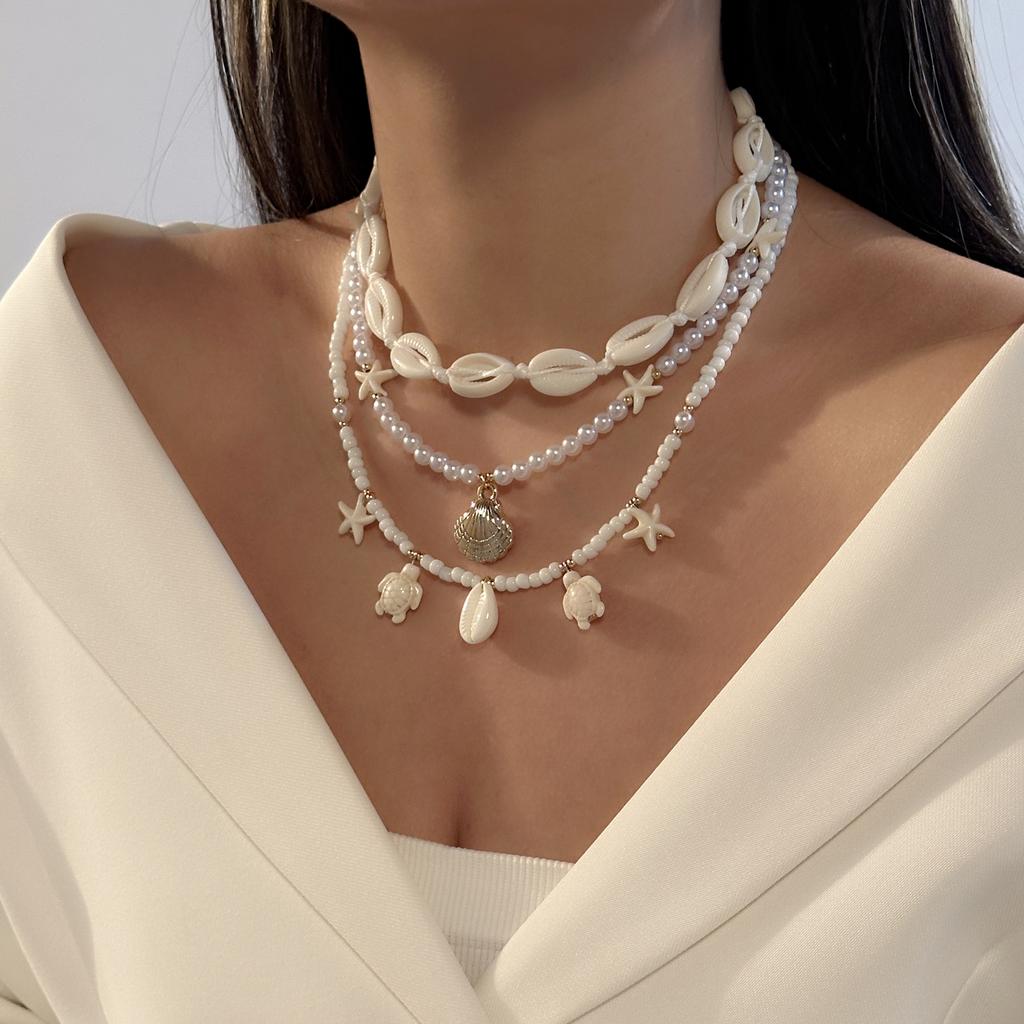 3Pcs/Set Vacation Shell Turtle Starfish Faux Pearl Beaded Necklace Summer Beach Ocean Theme Boho Jewelry For Women