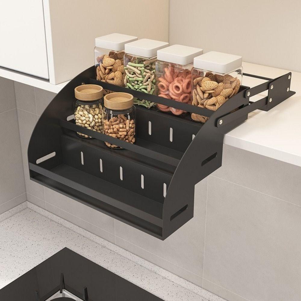 Anti Deformation 3-Tier Pull Down Spice Rack Retractable High Lift Pull Down Shelf for Top Cabinet