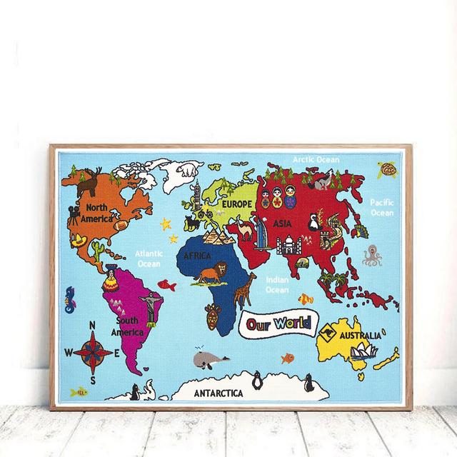 Mappa del mondo dei cartoni animati Pittura su tela Decorazioni per la camera dei bambini Poster e stampe Decorazioni per l'aula Immagini di arte della parete Decorazioni per la casa