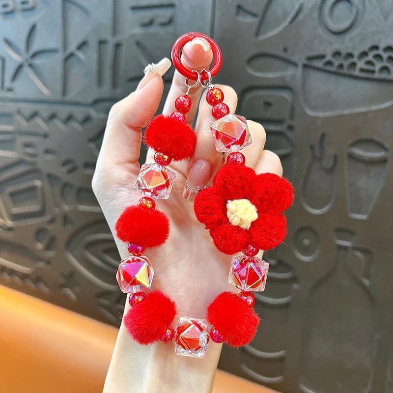 Kurze Handgemachte Wollblume Liebes Tasche Perlen Anhänger Internet Berühmtheit Handy Lanyard Tragbare Kette Lanyard