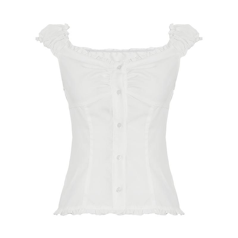 French Sweet Style Lace Patchwork Puff Sleeve Top - Women s Summer Short Sleeve Button-Up Small белый
