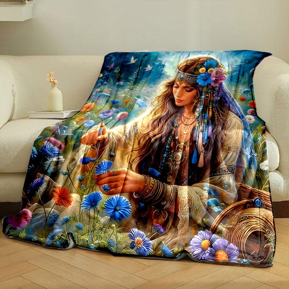 Bohemian Woman in Floral Meadow print blanket soft and cozy perfect for the living room bed sofa or a nap,gift
