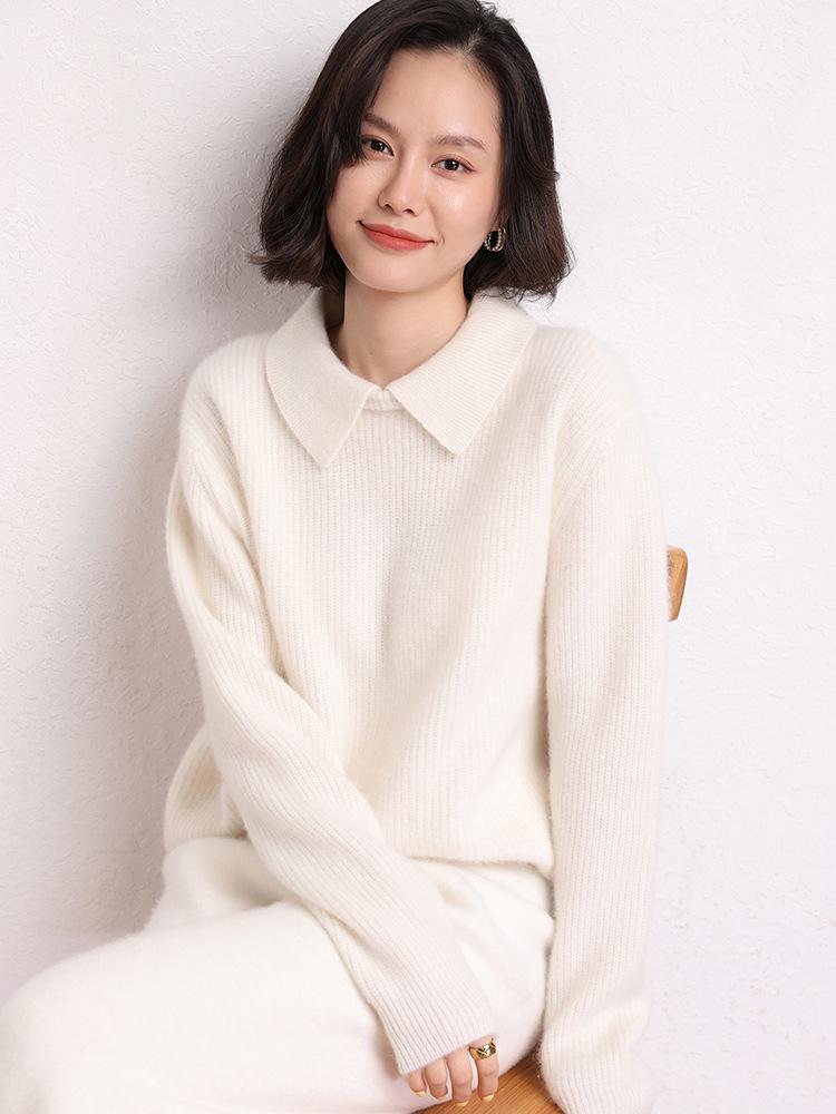 Women's Solid Color Lapel Cashmere Sweater - 2026 Autumn/Winter Collection, Gentle Style, Loose Fit, Slimming, Warm Knit Base Layer.