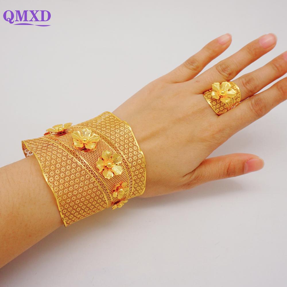 Dubai Gold Color Bangle With Ring For Women Charm Chain Cuff Bracelet Indian Bracelet Arabic France Bridal Wedding Jewelry Gifts