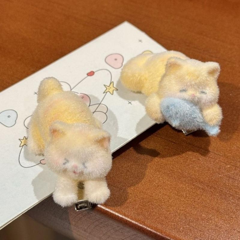 2pcs Flocking Cats Design Hair Clip Cartoon Shape NonSlip Grip Hairpin Side Clip For Women Little Girl Daily Outfit