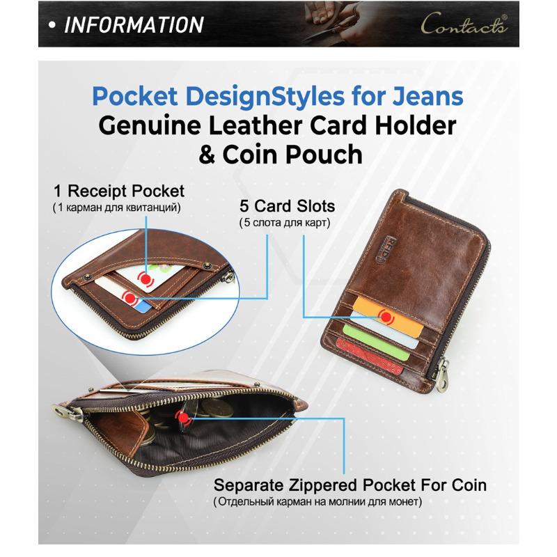 Full Grain Vintage Leather Card Holder RFID Blocking Slim Zipper Coin Pocket