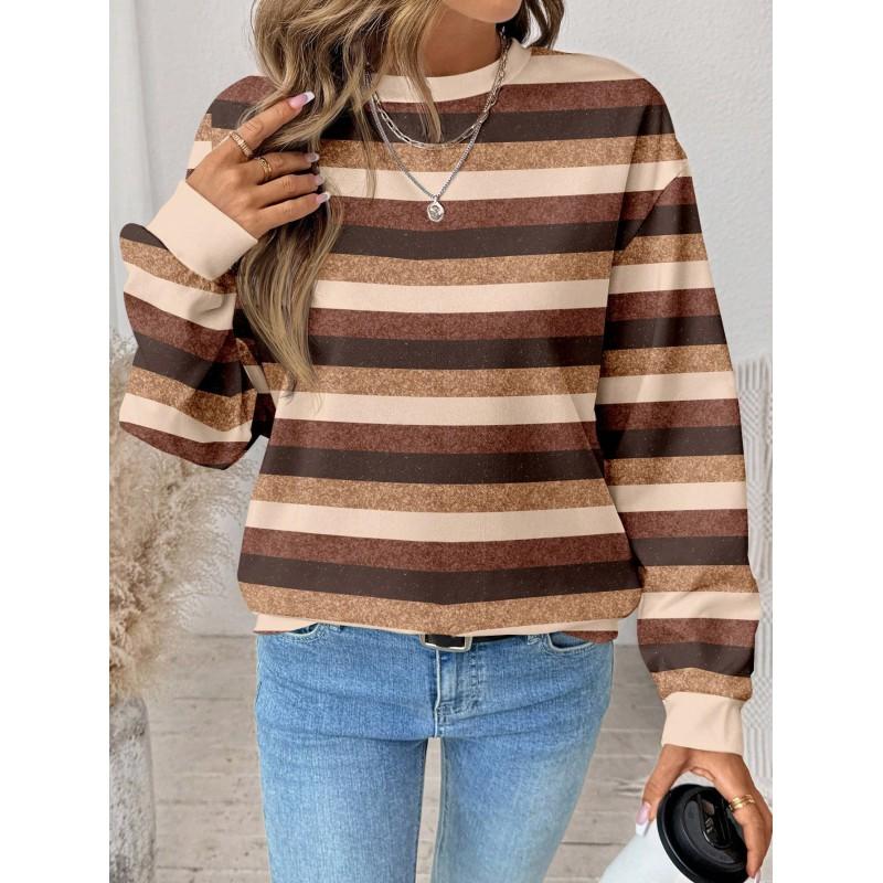 Womens Casual Striped Print Hoodie-Free Sweatshirt Loose Fit Round Neck Long Sleeve Top 2025