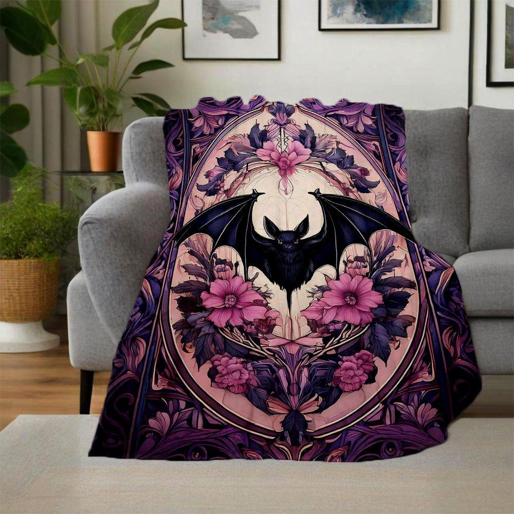 Gothic Bat & Floral Stained Glass Wall Art PrintBlanket Flannel Throw Blanket for Sofa, Bed, Travel, Camping, Office, Couch, Chair, And Bed