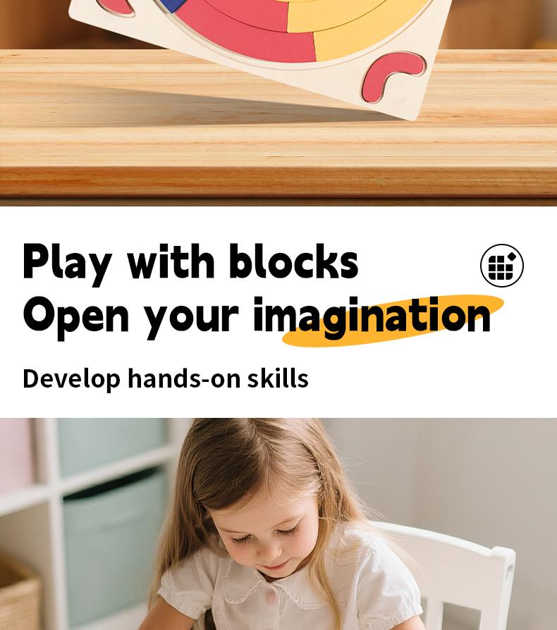 3D DIY Jigsaw Puzzle Rainbow Blocks - Kids Creative Brain Teaser Educational Wood Toy Baby Fun Variety Matching Educational Play