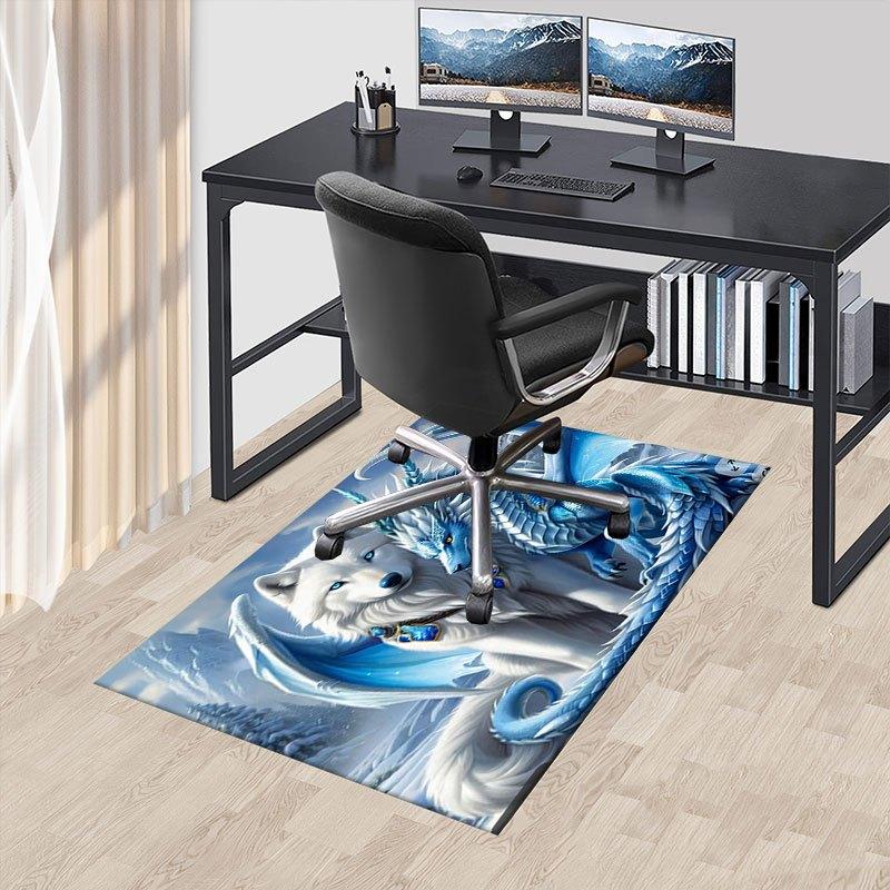 """Loup des neiges et Dragon de glace Impression d'art fantastique Tapis de bureau Parfait pour la décoration intérieure Tapis de bureau pour chaise de bureau Tapis de chaise pour bureau Polyester Chaise"""