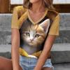 Summer Fashion Trend Casual Animal Cat Pattern Printed Short Sleeved V-neck Women's T-shirts