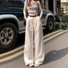 Women High Waist Pleated Wide Leg Jeans Lazy Draped Straight Floor-Length Denim Trousers Fashion Loose Long Pants