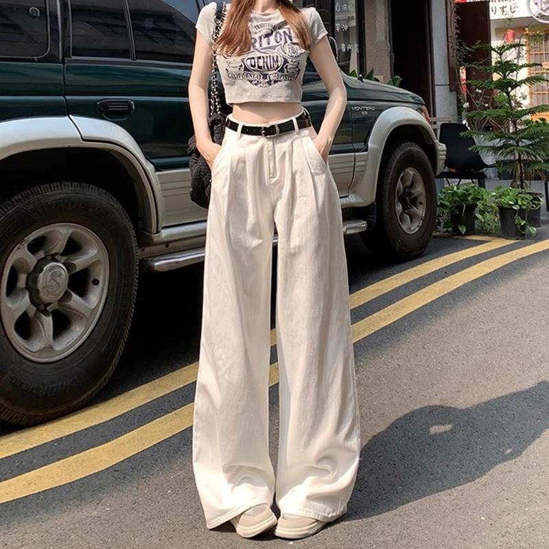 Women High Waist Pleated Wide Leg Jeans Lazy Draped Straight Floor-Length Denim Trousers Fashion Loose Long Pants