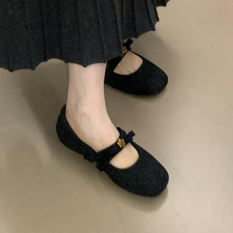 Single shoes inner height increase Mary Jane shoes bow plush shoes