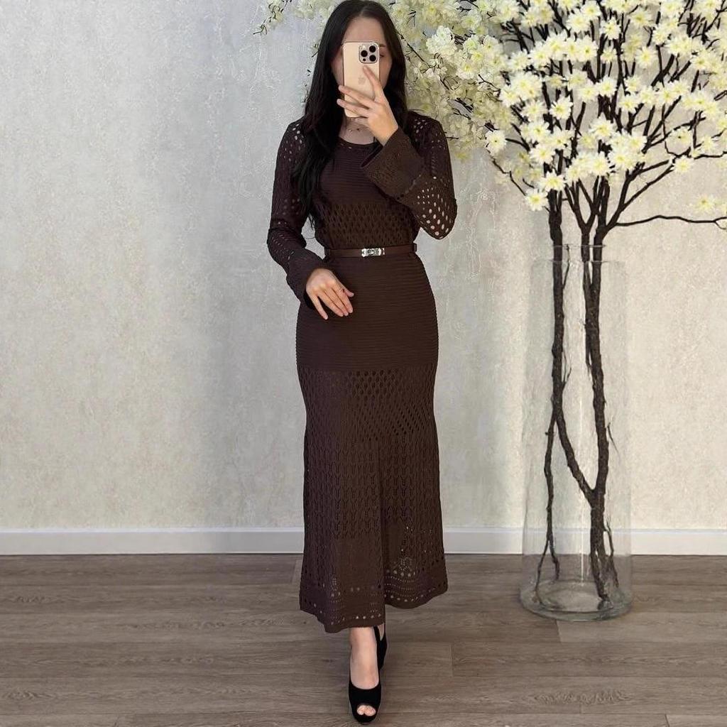 2025 Autumn Cross-border Fashion: Women's Belted Hollow-out Sweater & Gentle Style Hip-hugging Long Skirt