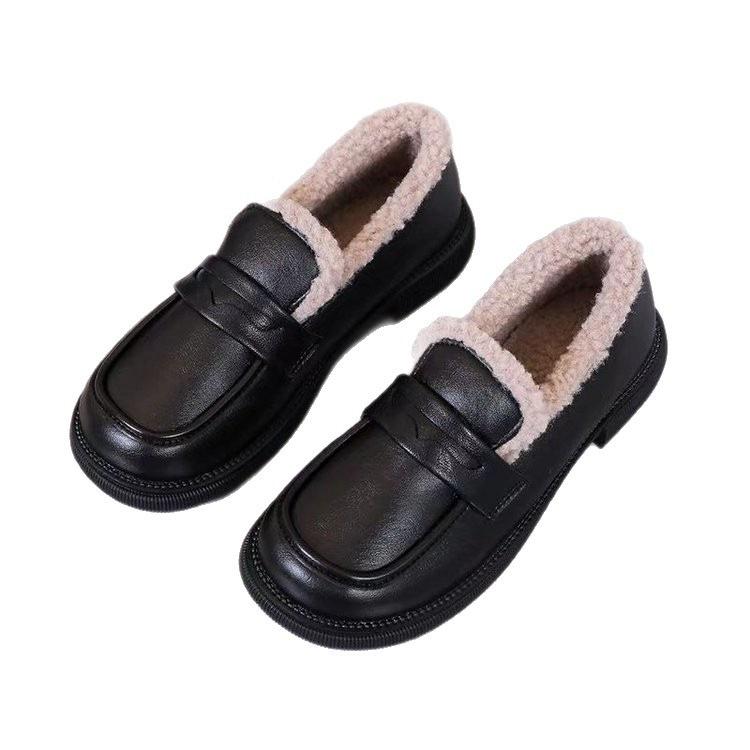 Niedrigabsatz kleine Lederschuhe Herbst und Winter neu dicke Sohle Samt Baumwollschuhe Doudou Schuhe