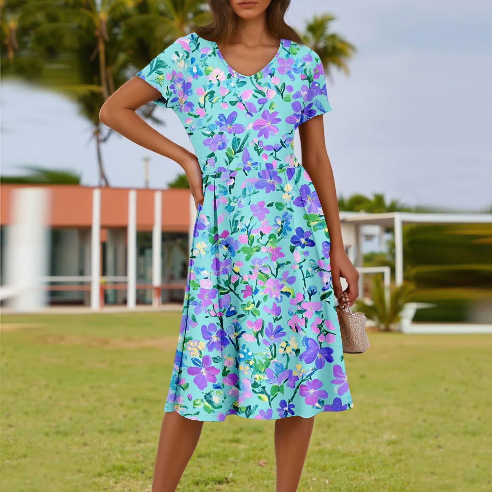 Ladies Summer Fashion Casual Floral Print V-Neck Short Sleeve Pocket Dress L синий