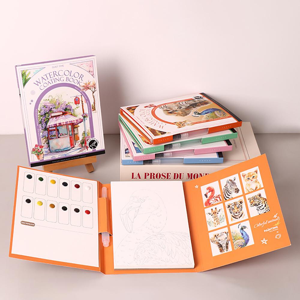 Travel Watercolor Painting Set with Tri-Fold Book, Built-in 12 Colors & Stress Relief Note Paper for DIY Art Therapy
