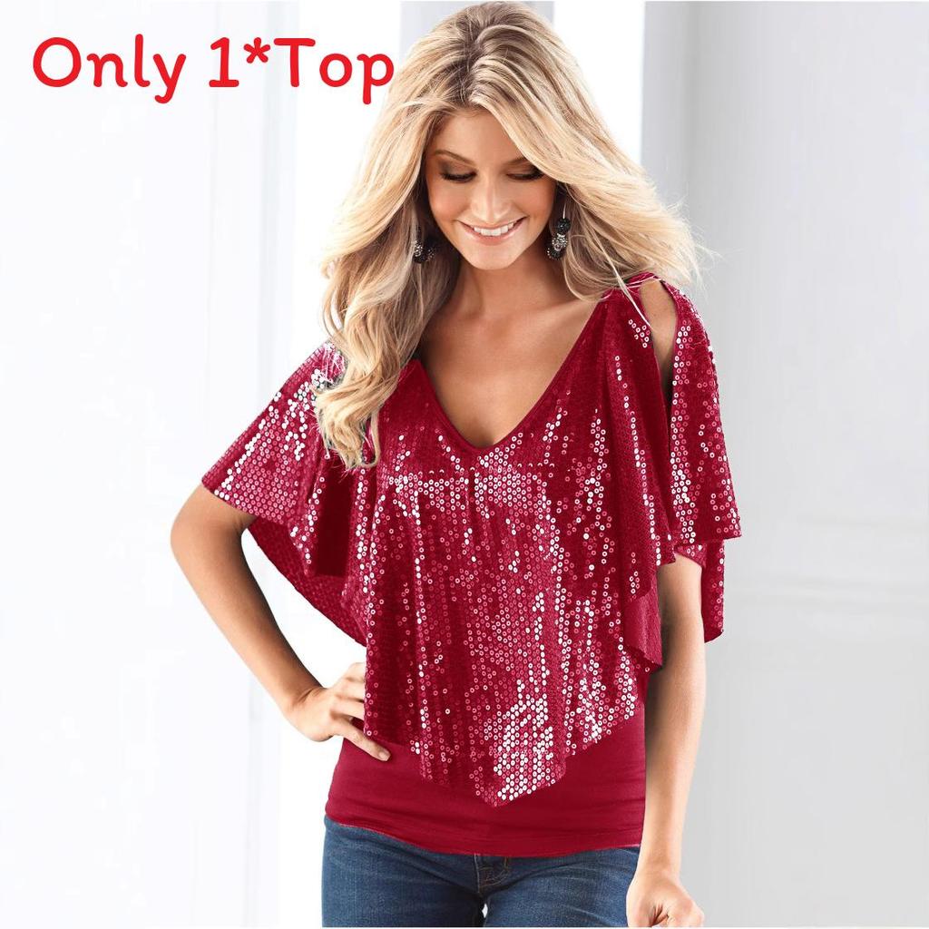 Streetwear Sequin V Neck Sleeveless T Shirt For Women Stylish Casual Top