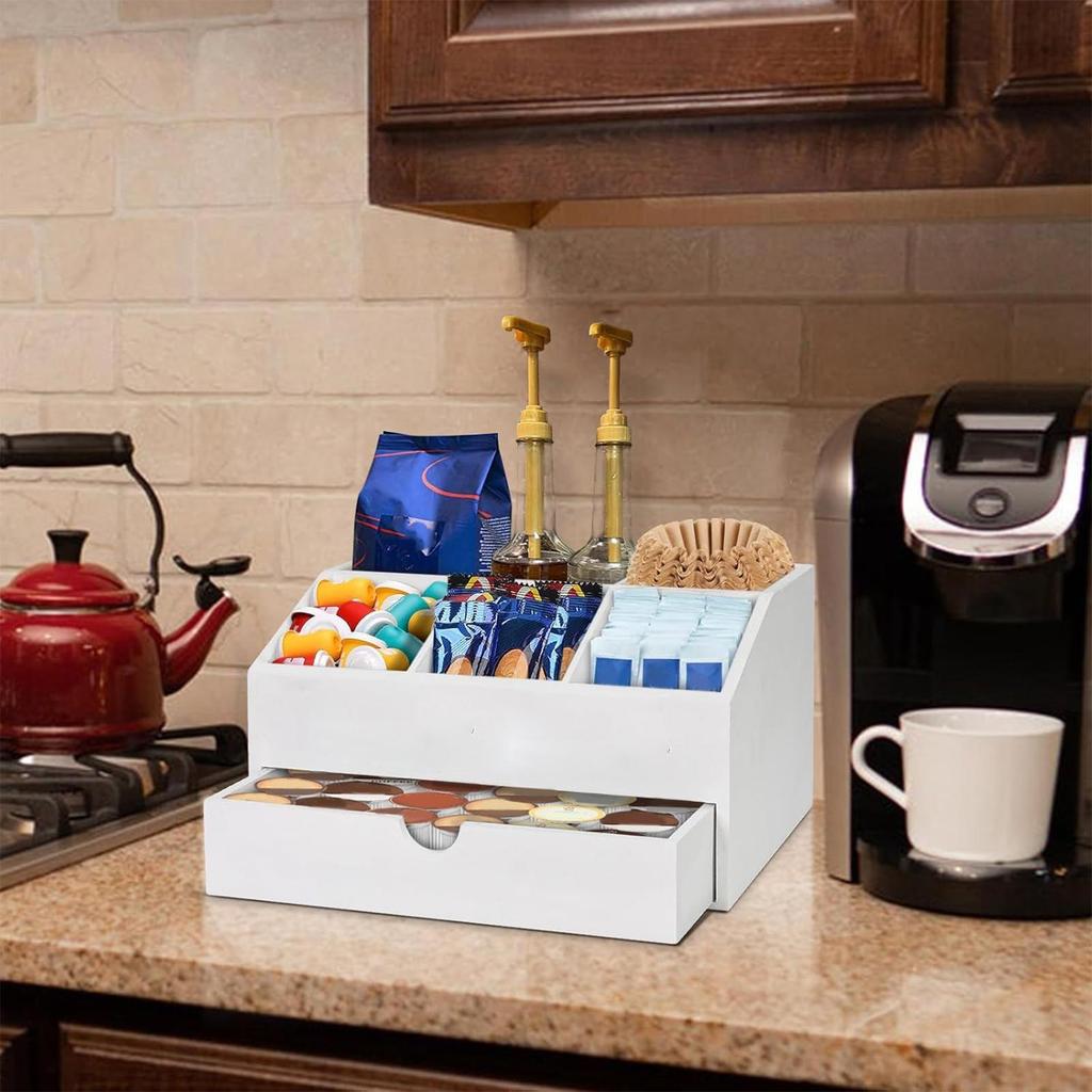 Coffee Counter Organizer Wooden Sugar Basket Multipurpose Desk Coffee Counter Organizer With Drawer For Dorm Studio Breakroom