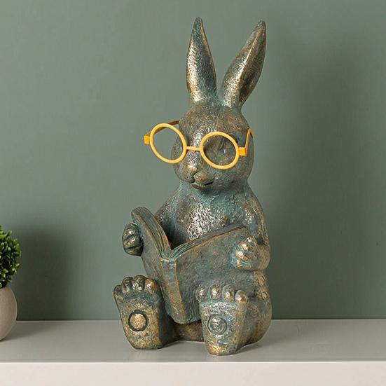Reading Animal Figurine Retro Owl Rabbit Raccoon Reading Book Statue with Glow in The Dark Glasses for Bookshelf Desktop Home Decor