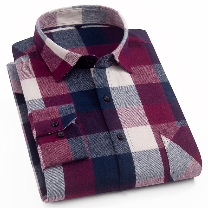 Men 'S 100 %Cotton Casual Plaid Pocket Long Sleeve Slim Brushed Flannel Leisure Styles Tops Shirt