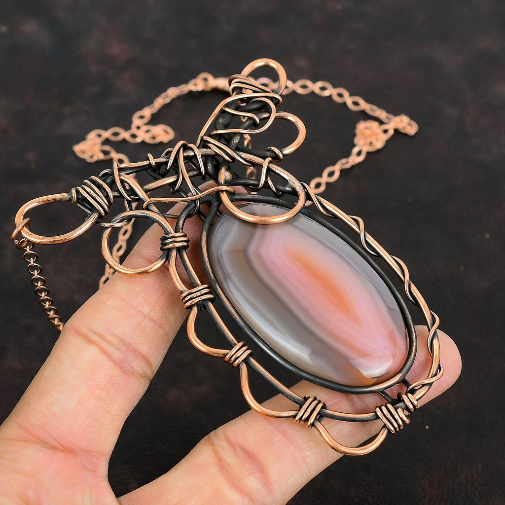 Botswana Agate Necklace Copper Wire Wrapped Necklace Handmade Gemstone Jewelry Adjustable Necklace Beautiful Copper Jewelry Engagement Gifts