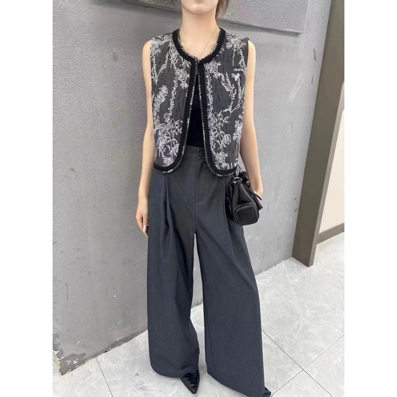 

Flocking Stereo Stitched Pattern! Harajuku Fan Women Single-Breasted round Neck Ramie Cotton I-Shaped Vest Quiet Feeling Stacked Outerwear Dark gray XL