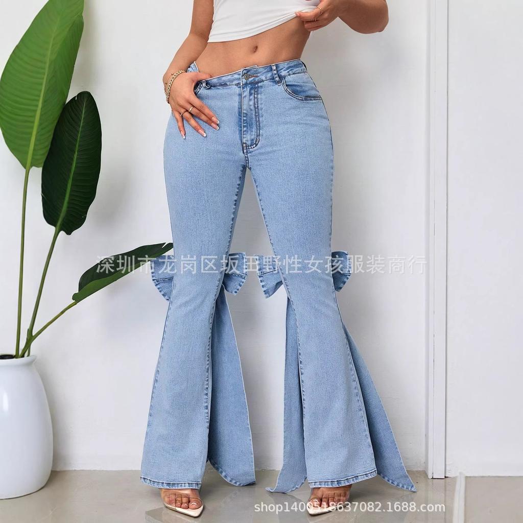 Jeans a zampa da donna Vintage a vita alta a campana in denim con dettaglio fiocco laterale