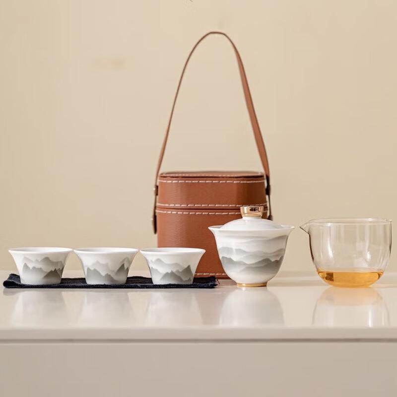 Portable Ceramic Gaiwan Tea Set with Ink Wash Landscape
