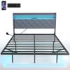 Bed frame 140 x 190 cm with steel base, floating double bed with RGB LED lights and charging station, grey