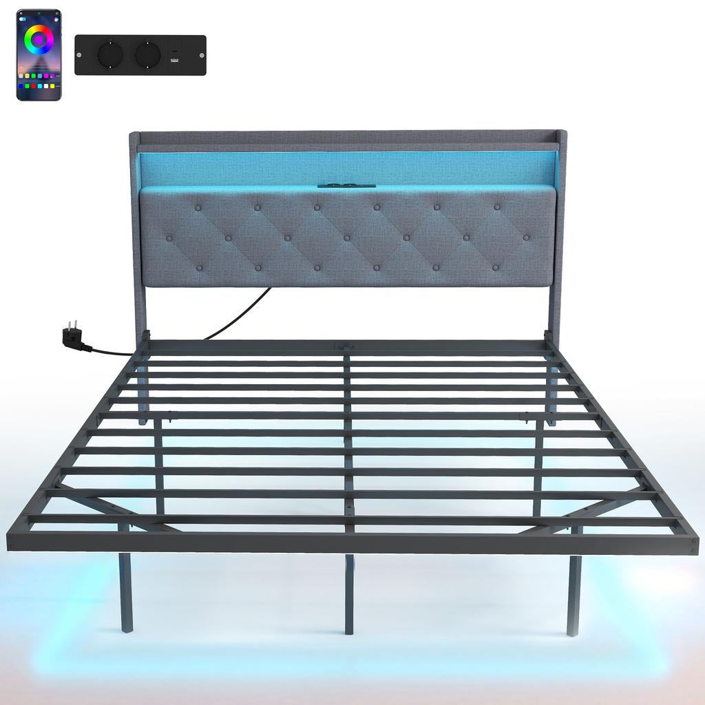 Bed frame 140 x 190 cm with steel base, floating double bed with RGB LED lights and charging station, grey