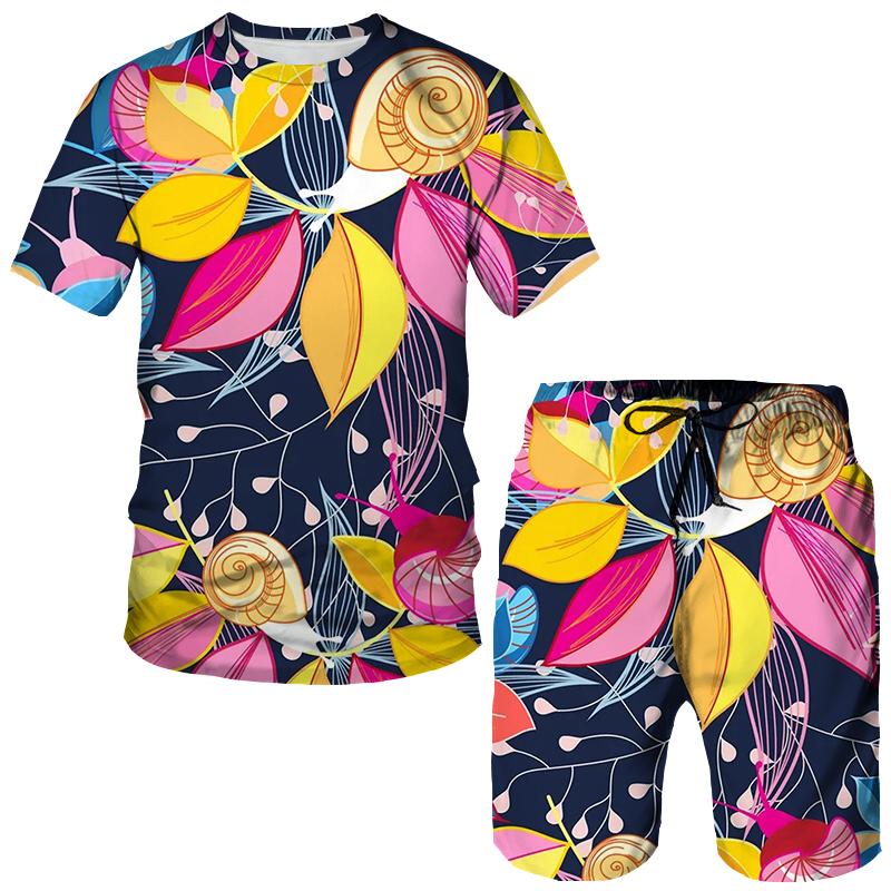 Summer Colorful Leaves 3D Print T-Shirts Shorts Sets Men's Tracksuits Oversized Short Sleeve T Shirt Pants Set Suits Clothing