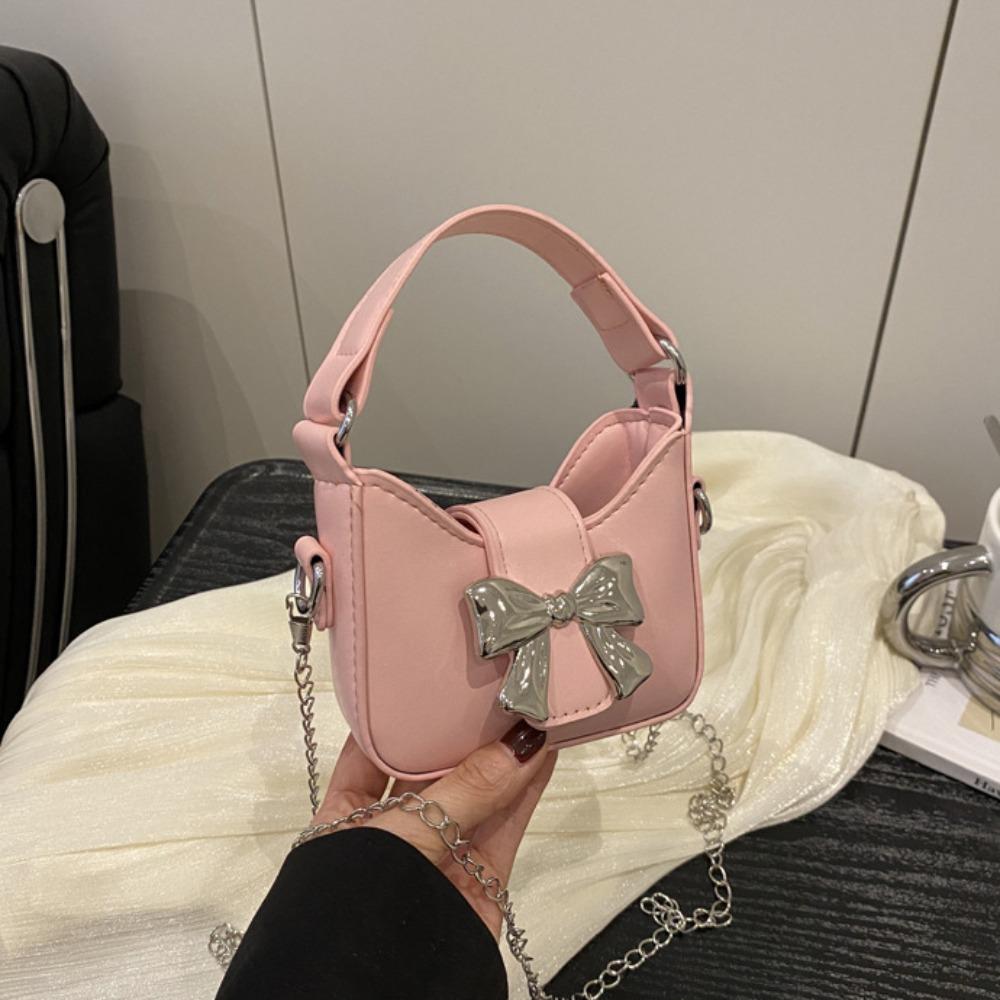 Handbag Silver Bucket Bag Pu Leather Women's Shoulder Bag Simple Bow Buckle PU Bag  Makeup Bag