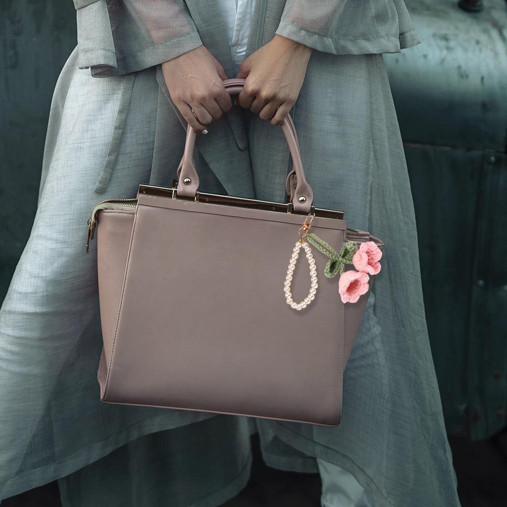 Handmade Lily of the Valley Crochet Keychain with Pearls Soft Yarn Texture Fashion Key Holder Suitable for Bags and Keys