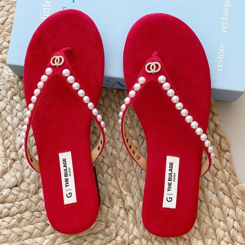 Fashion Luxury Pearl Rhinestone Flat Sandals Women Summer Brand Fashion Flip-flops Open Toe Non-slip Comfortable Casual Beach Sandals