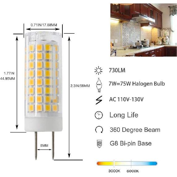 LED GY8.6 Bulb, 7W T4 G8 LED Bulb, 75W Halogen Bulb Replacement, GY8.6 Bi-pin Base Light Bulb, AC120V, for Under Counter Kitchen Lighting, Light
